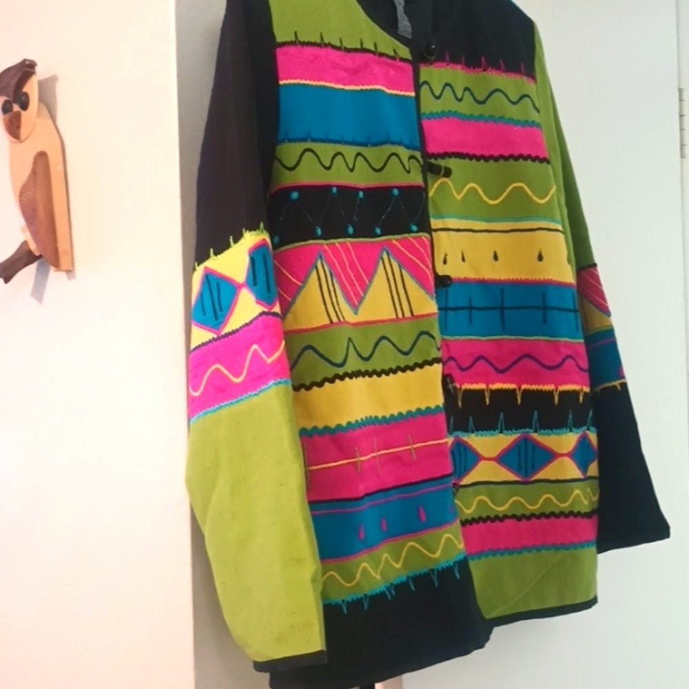 VINTAGE 90s Linen Patchwork Blazer Retro Colors